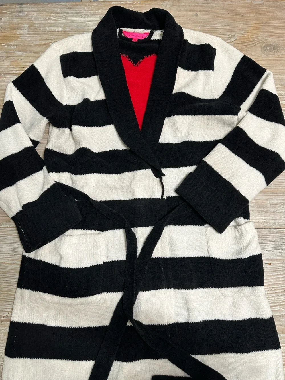 Betsy Johnson Chenille Robe Long Cardigan Sweater Size L Heart Striped Soft Sz M